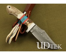 Damascus steel antler inserted two-color wood handle full tang collection straight knife DKH27 demon top UD05086 